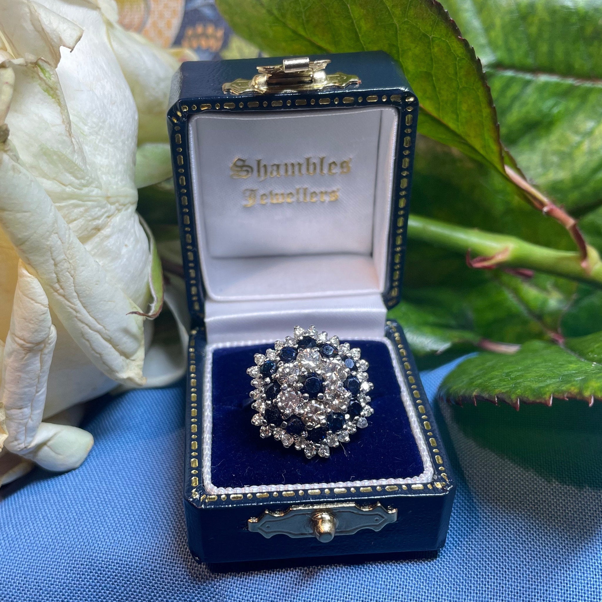 Sapphire and diamond cluster ring in white gold, photographed inside a navy-blue ring box stamped Shambles Jewellers